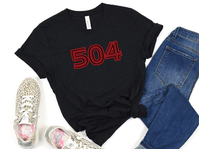 NolaCajun 504 Inline Red and Black Tshirt Logo View New Orleans 504 Louisiana