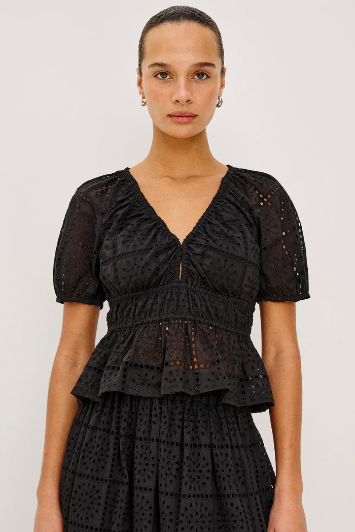 ARGENTA TOP IN BLACK GRID EMBROIDERY