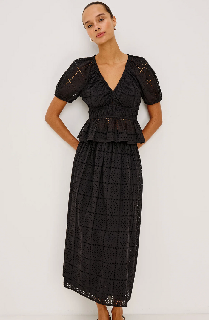 ARGENTA TOP IN BLACK GRID EMBROIDERY
