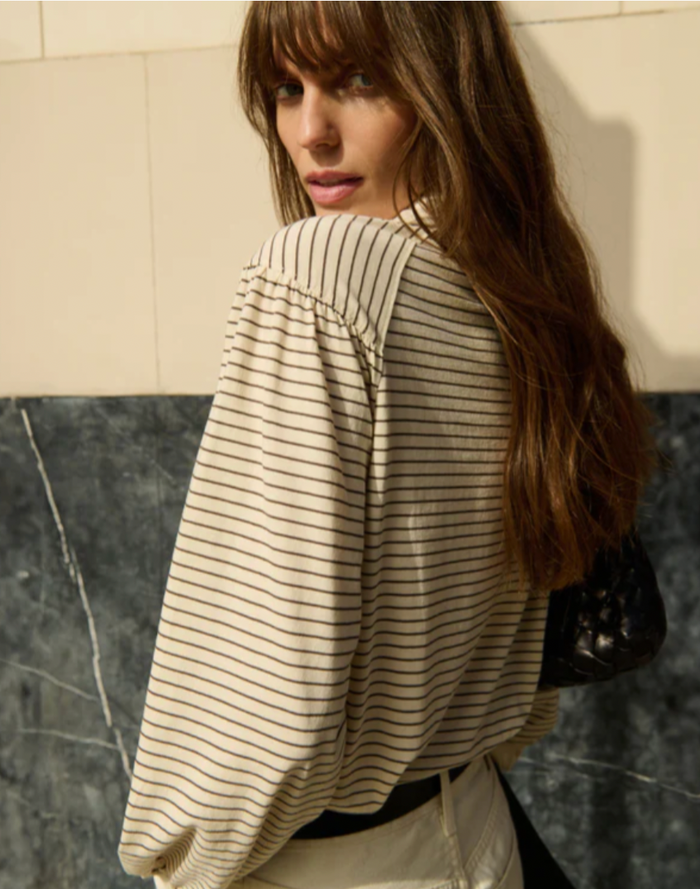 CECILIA COLLARED TOP IN ESPRESSO PINSTRIPE