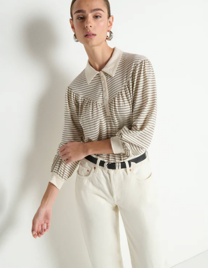 CECILIA COLLARED TOP IN ESPRESSO PINSTRIPE