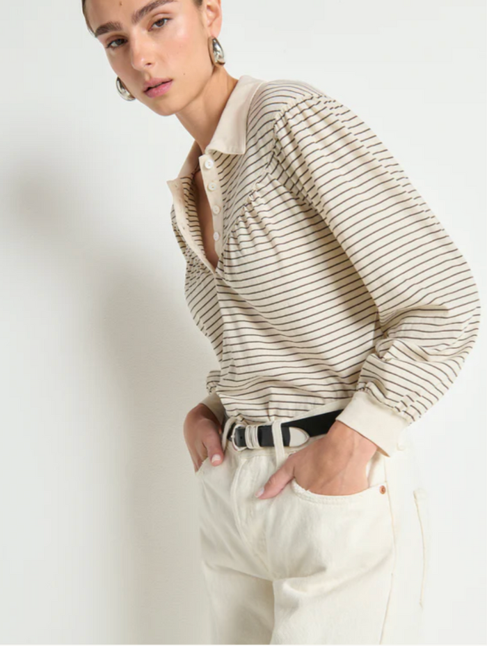CECILIA COLLARED TOP IN ESPRESSO PINSTRIPE