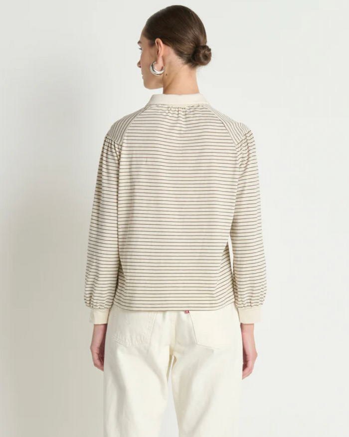 CECILIA COLLARED TOP IN ESPRESSO PINSTRIPE