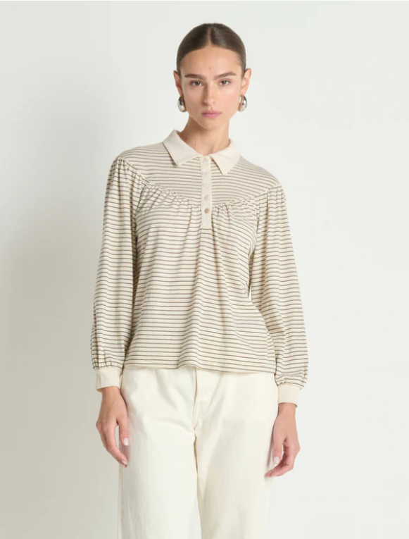 CECILIA COLLARED TOP IN ESPRESSO PINSTRIPE