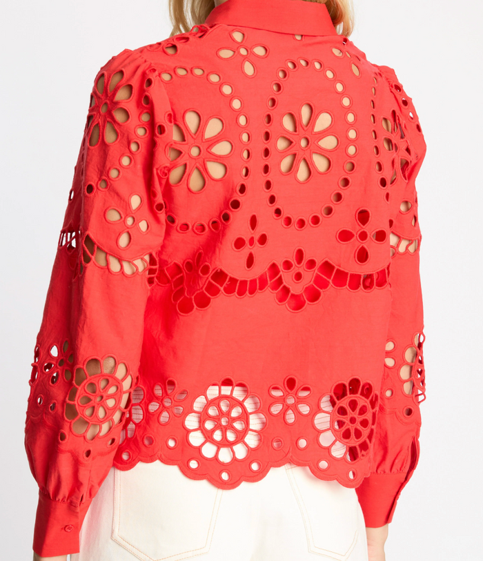 EMMIE TOP IN POPPY RED EYELET LACE