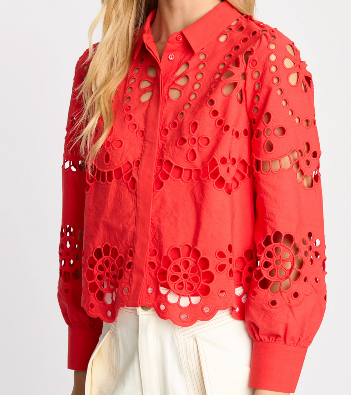 EMMIE TOP IN POPPY RED EYELET LACE