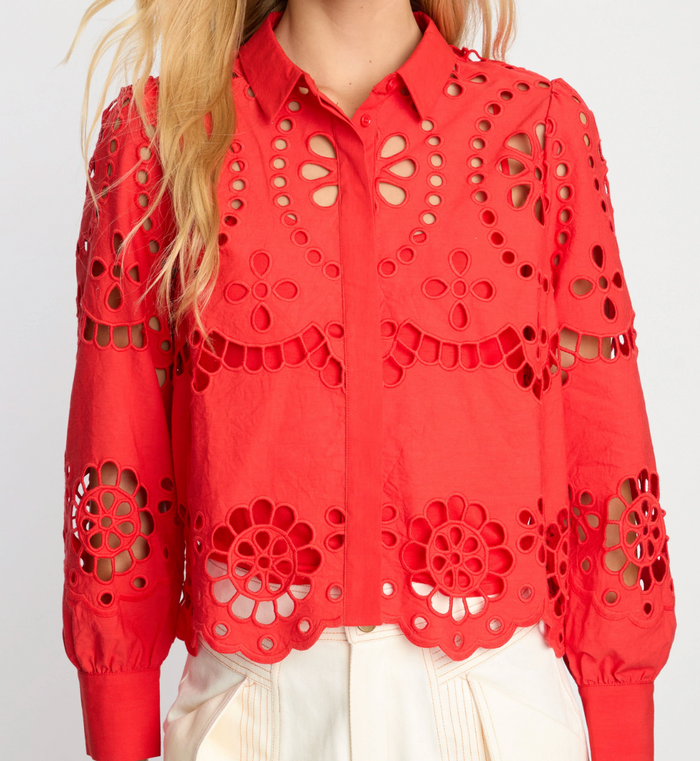 EMMIE TOP IN POPPY RED EYELET LACE