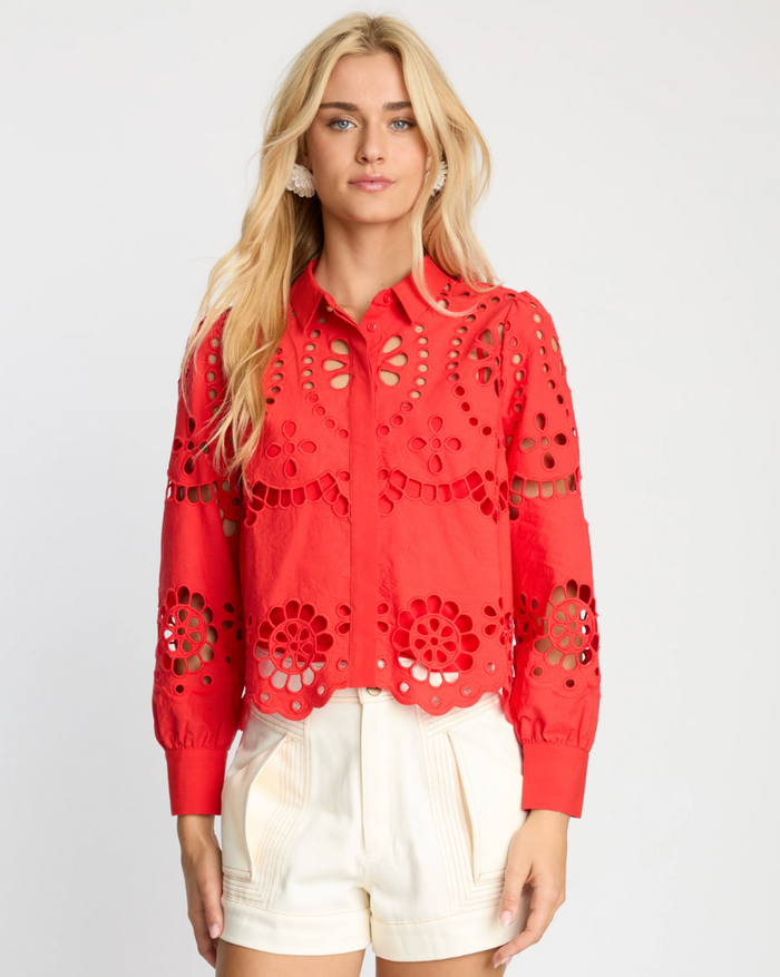 EMMIE TOP IN POPPY RED EYELET LACE