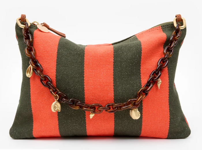 Flat Clutch w/ Tabs - Canvas Stripe in Army/Bright Poppy