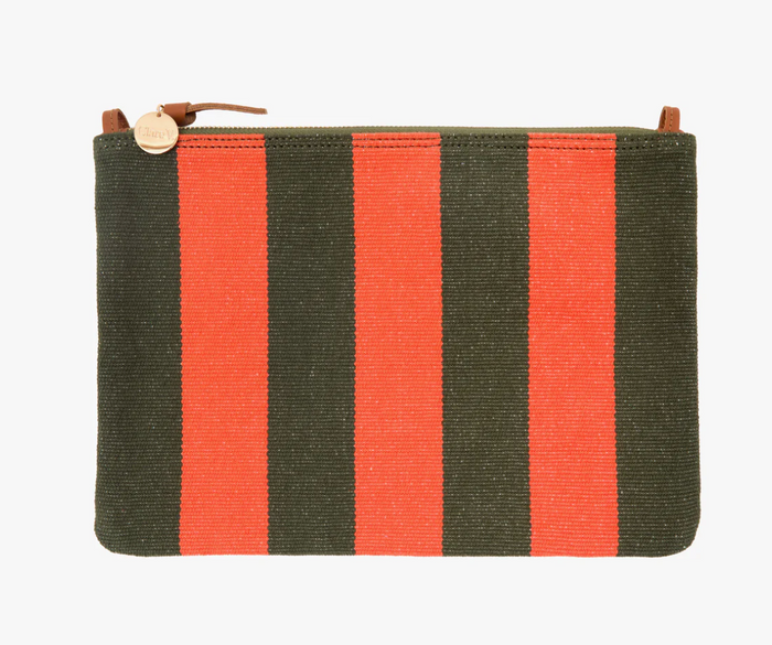 Flat Clutch w/ Tabs - Canvas Stripe in Army/Bright Poppy