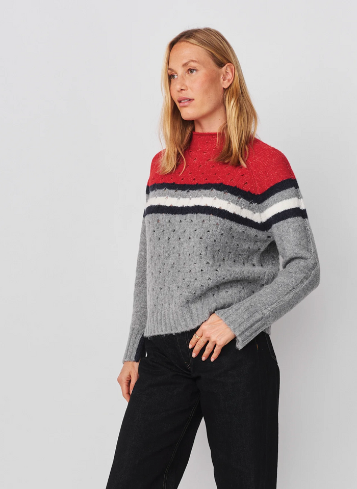 FUNNEL NECK W/ CHEST STRIPES & CABLES SWEATER