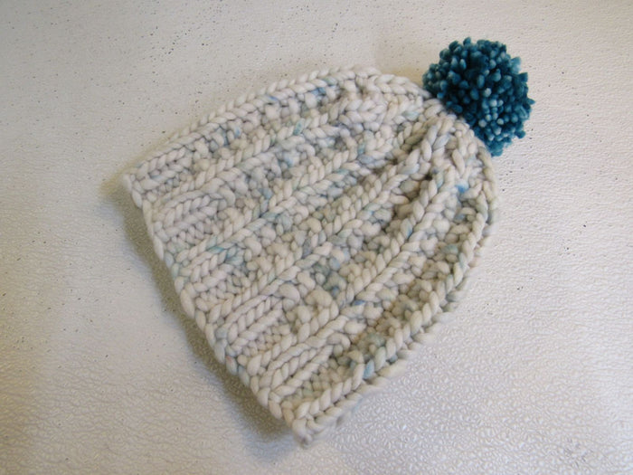 Handcrafted-Beanie-Hat-Cream-Teal-Pom-Pom-Merino-Female-Adult-504 2