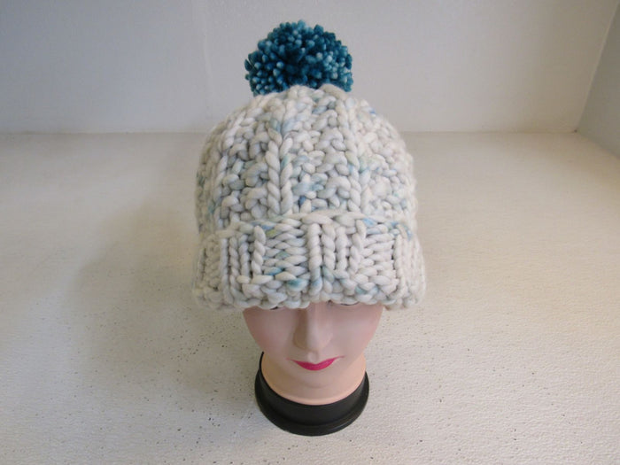 Handcrafted-Beanie-Hat-Cream-Teal-Pom-Pom-Merino-Female-Adult-504 3