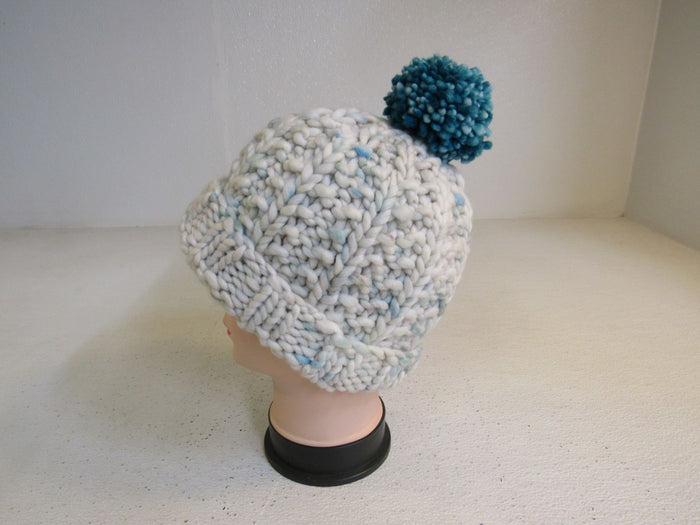 Handcrafted-Beanie-Hat-Cream-Teal-Pom-Pom-Merino-Female-Adult-504 4