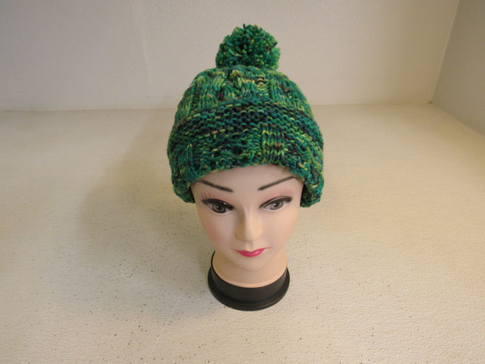Handcrafted-Beanie-Hat-Green-Chartreuse-Black-Pom-Pom-Merino-Female-Adult-422 3