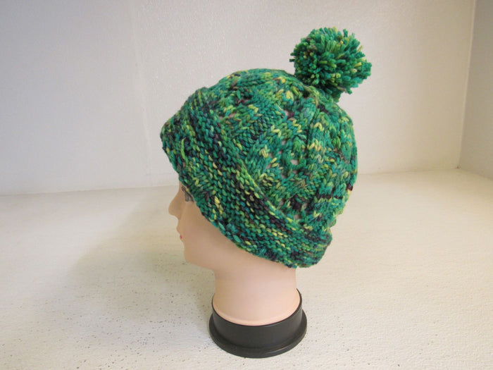 Handcrafted-Beanie-Hat-Green-Chartreuse-Black-Pom-Pom-Merino-Female-Adult-422 4
