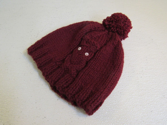 Handcrafted-Beanie-Owl-Hat-Cranberry-Pom-Pom-Merino-Female-Adult-444 1