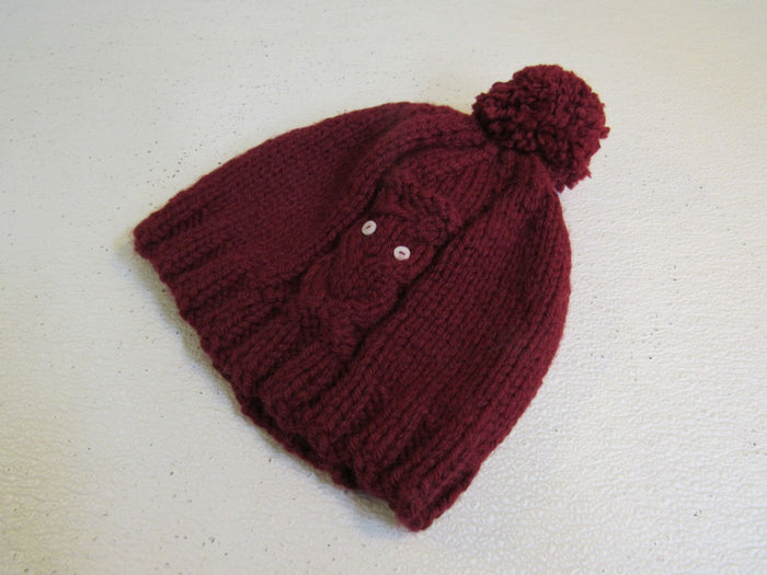 Handcrafted-Beanie-Owl-Hat-Cranberry-Pom-Pom-Merino-Female-Adult-444 2