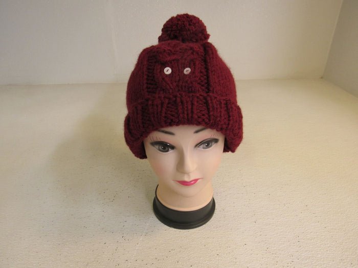 Handcrafted-Beanie-Owl-Hat-Cranberry-Pom-Pom-Merino-Female-Adult-444 3