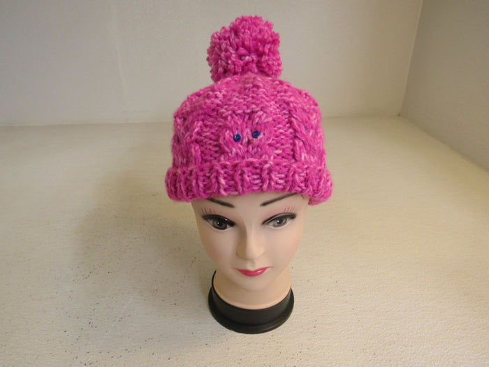 Handcrafted-Beanie-Owl-Hat-Hot-Pink-Light-Pink-Pom-Pom-Merino-Female-Adult-458 3