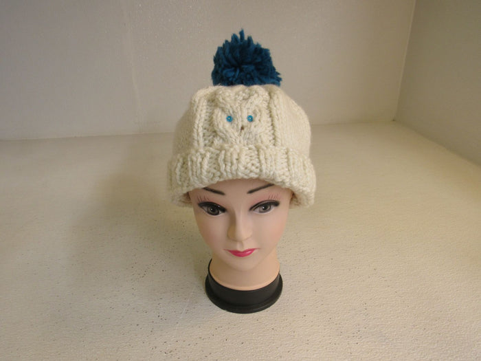Handcrafted-Owl-Hat-Cream-Teal-Pom-Pom-Acrylic-Wool-Female-Adult-470 3