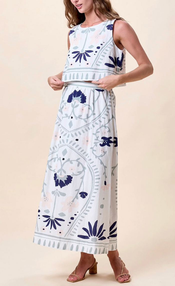 JULIET ANKLE SKIRT IN LILIANA BLUE SURF PRINT