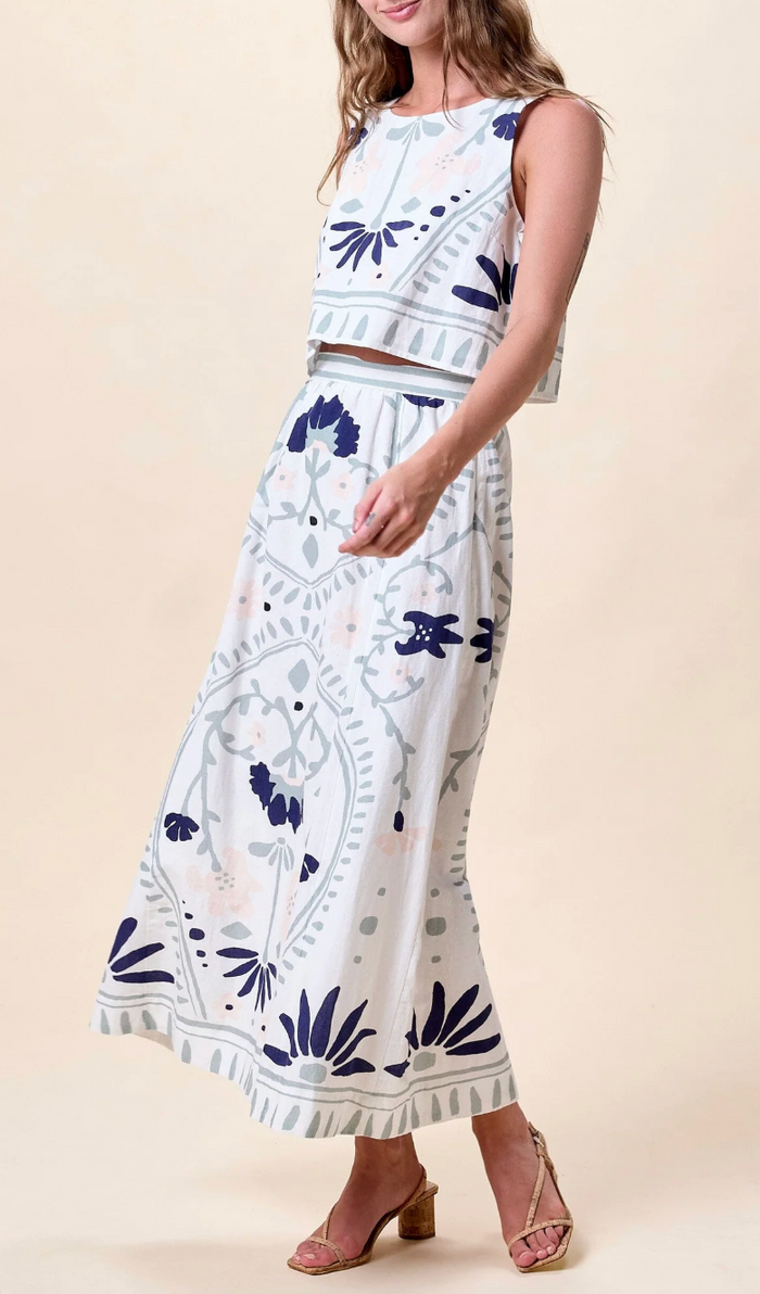 JULIET ANKLE SKIRT IN LILIANA BLUE SURF PRINT