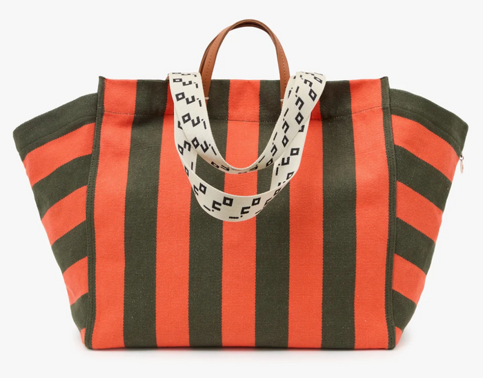 La Cote Tote - Canvas Stripe in Army/Bright Poppy