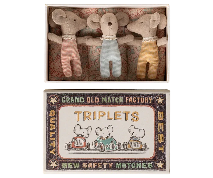 Maileg Baby Mice In Matchbox - Checker Triplets
