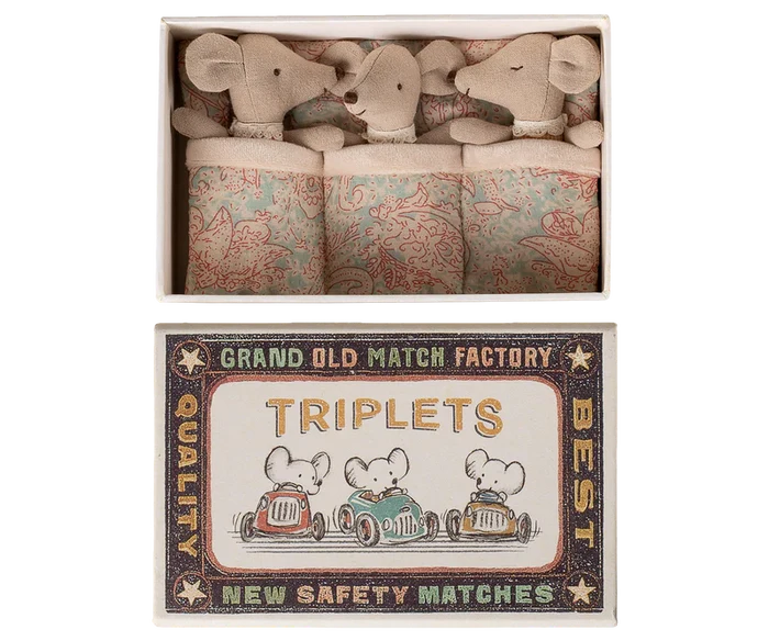 Maileg Baby Mice In Matchbox - Checker Triplets