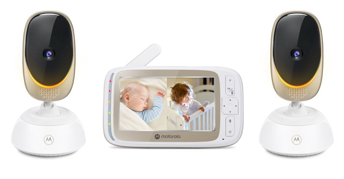 A Motorola wireless baby monitor set with a central handheld display screen showing a baby photo, flanked by two matching security cameras on white bases against a clean white background.