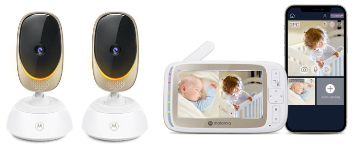 A Motorola baby monitoring set on a white background, including two dome security cameras, a handheld video monitor showing a baby, and a smartphone displaying the mobile app.