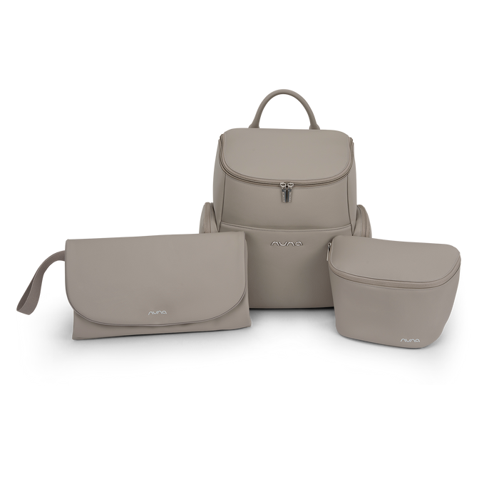 [Taupe] Set of three beige bags including a backpack, clutch, and small pouch on a white background.