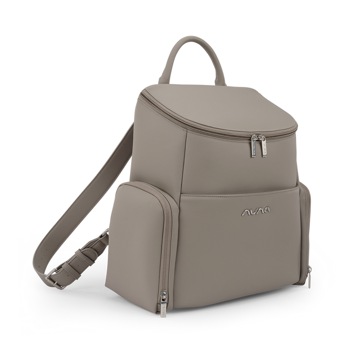 [Taupe] Beige backpack with a visible brand logo on a white background