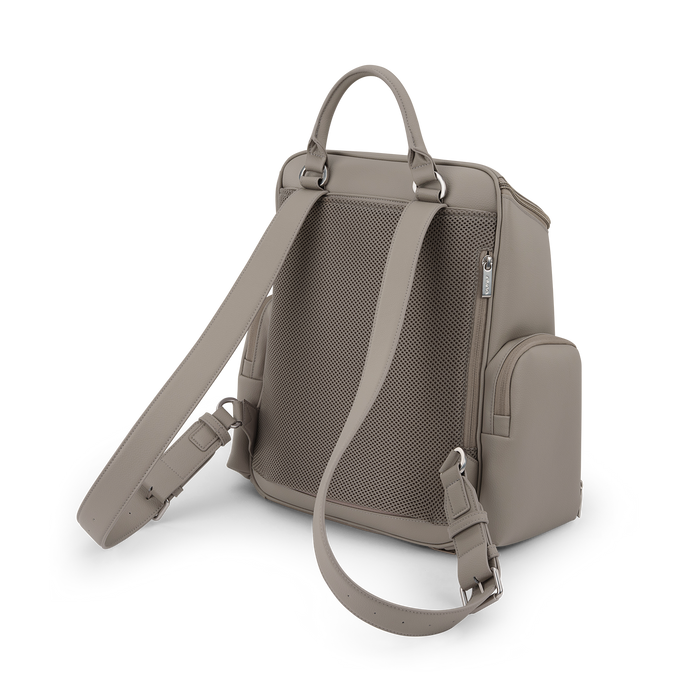 [Taupe] Beige backpack with a front pocket on a white background