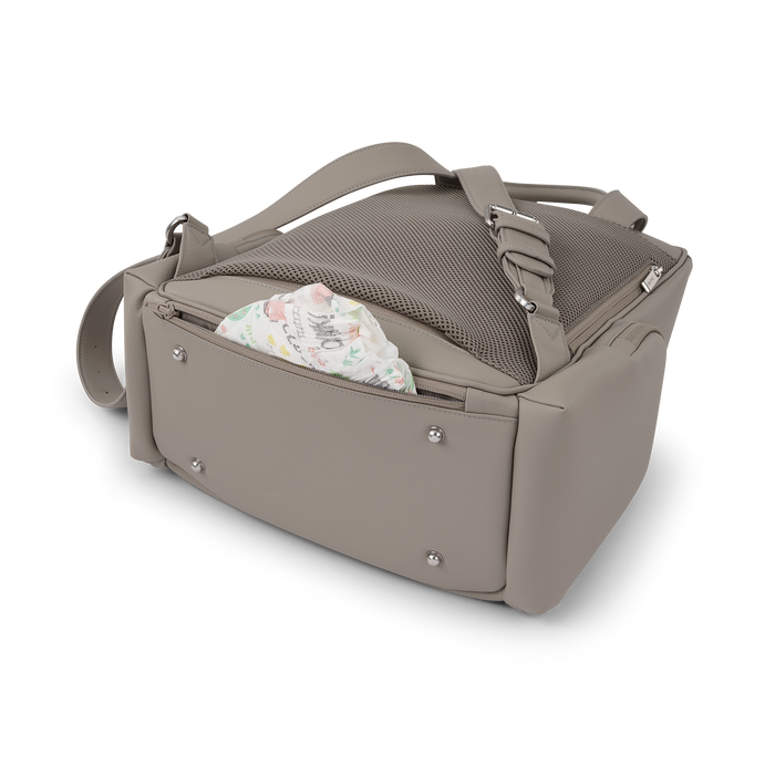 [Taupe] Pet carrier with a floral cushion on a white background