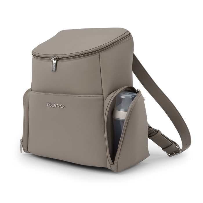 [Taupe] Beige backpack with a bottle inside on a white background