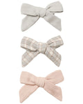 Quincy Mae Bow w. Clip, Set Of 3 - Cloud, Blue Gingham, Dusty Rose