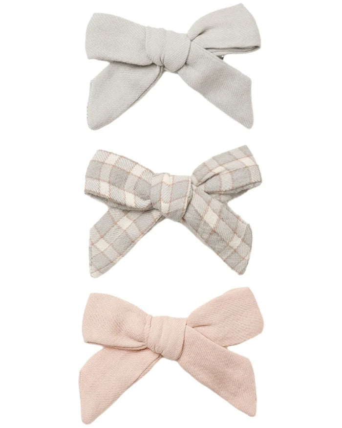 Quincy Mae Bow w. Clip, Set Of 3 - Cloud, Blue Gingham, Dusty Rose
