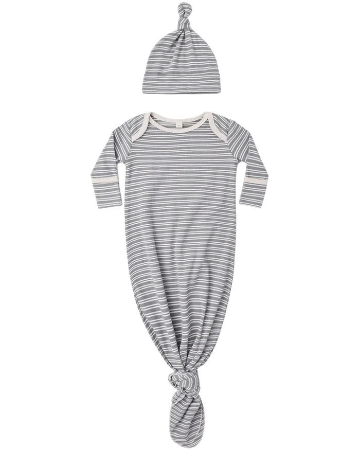 Quincy Mae Knotted Baby Gown + Hat Set - Slate Microstripe