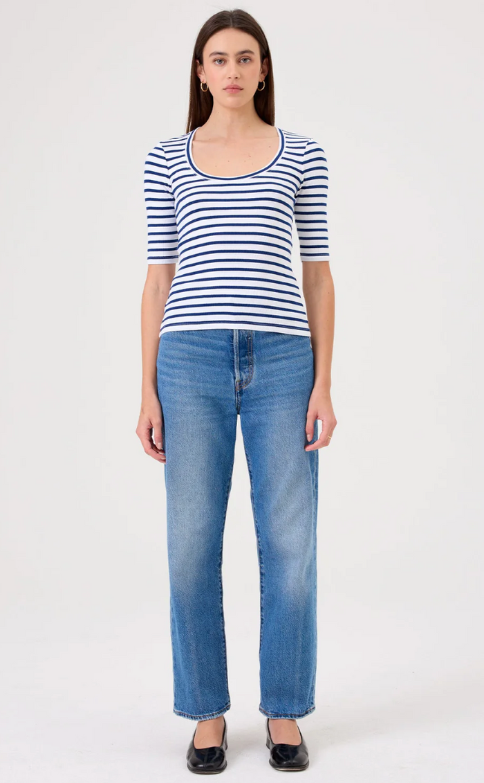 RIB HALF SLV SC0OP IN WHITE/BLUE