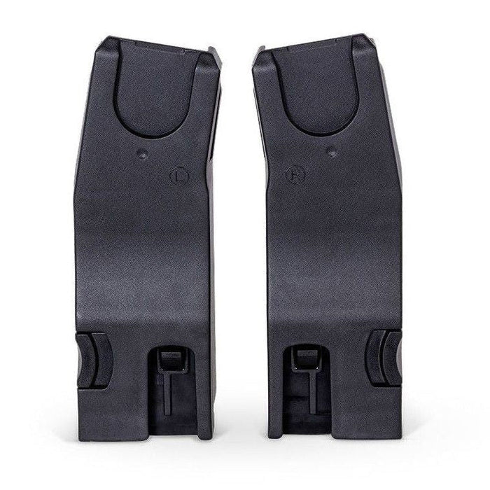 A pair of black plastic stroller car seat adapters marked with "L" and "R" labels.