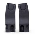 A pair of black plastic stroller car seat adapters marked with "L" and "R" labels.