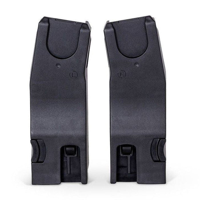 A pair of black plastic stroller car seat adapters marked with "L" and "R" labels.