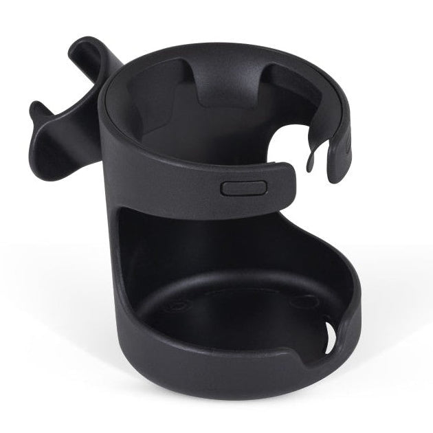 A black plastic clip-on cup holder designed for a stroller.