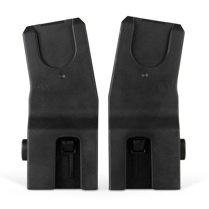 A pair of black plastic car seat adapters for a stroller, labeled right and left.