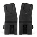 A pair of black plastic car seat adapters for a stroller, labeled right and left.