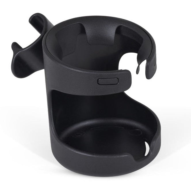 Black plastic cup holder attachment with a side clip.