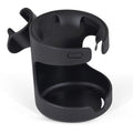 Black plastic cup holder attachment with a side clip.