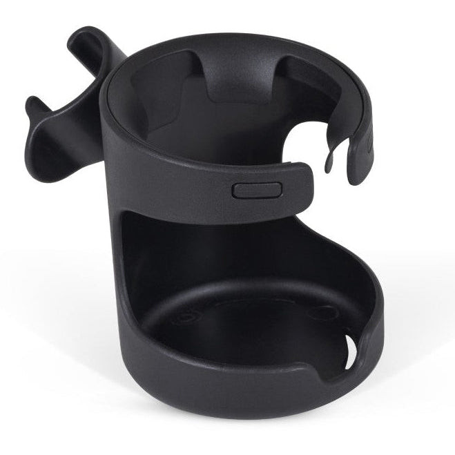Black plastic cup holder attachment with a side clip.